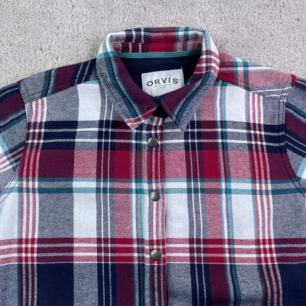 Orvis Shirt Jacket Women Large Red Blue Plaid Fleece Lined Snap Pinnacle Shacket